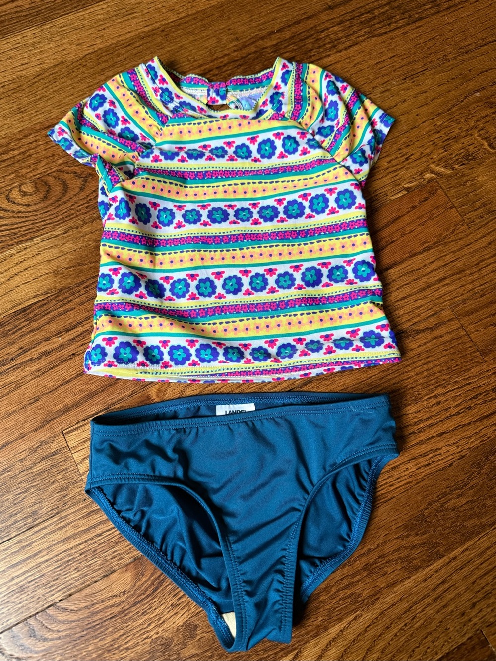 Old Navy Kids Floral Stripe Rashguard and Land’s End Blue Swim Bottoms
